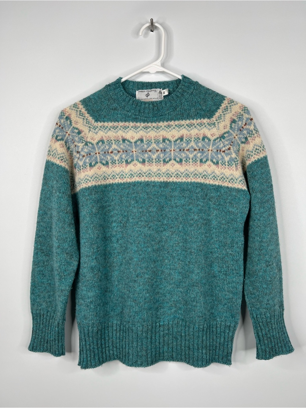 Vintage James Pringle Fair Isle Wool Sweater Teal Heather Blue Snowflake Small